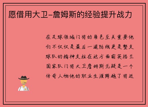 愿借用大卫-詹姆斯的经验提升战力 愿借用大卫-詹姆斯的经验提升战力